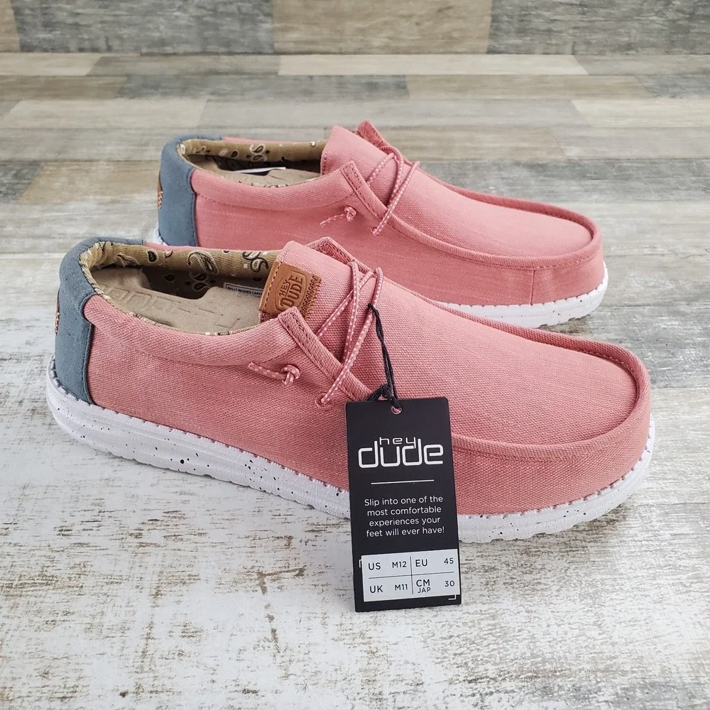 Hey Dude Wally Washed Canvas Mens Shoes 12 Slip On Loafers Comfort Pink